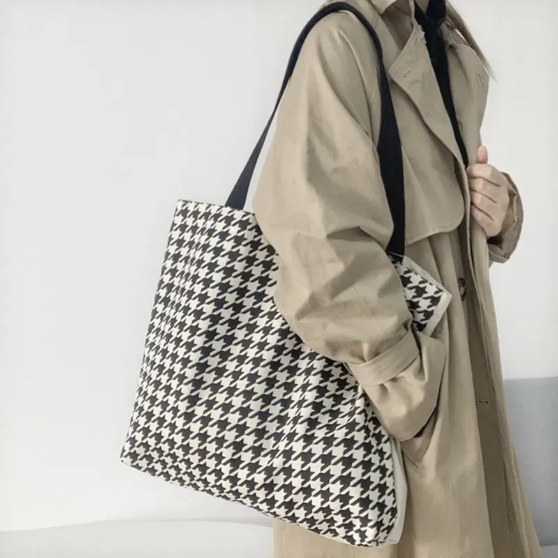 Women Fashionable Large Capacity Houndstooth Canvas Tote Bag - Image 6