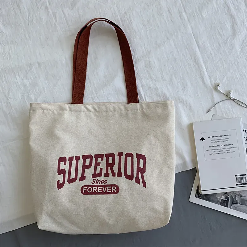Women Fashionable Simple Letter Print Large Capacity Canvas Tote Bag - Image 3