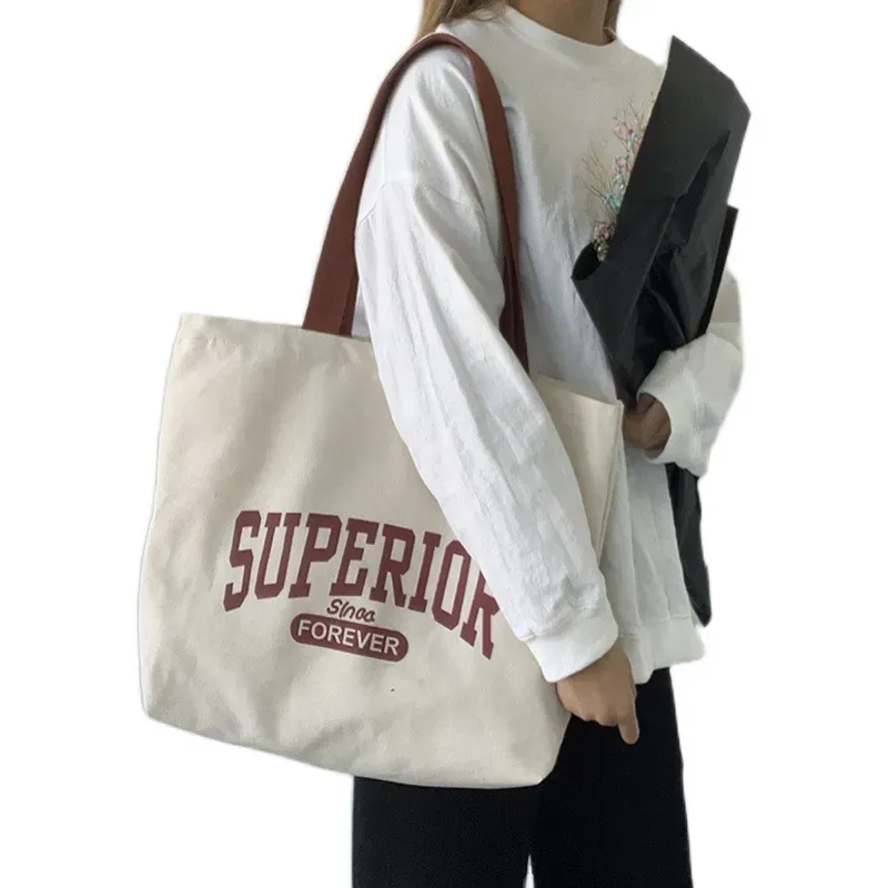 Women Fashionable Simple Letter Print Large Capacity Canvas Tote Bag - Image 5