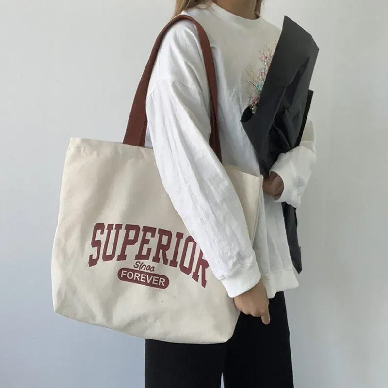 Women Fashionable Simple Letter Print Large Capacity Canvas Tote Bag - Image 7