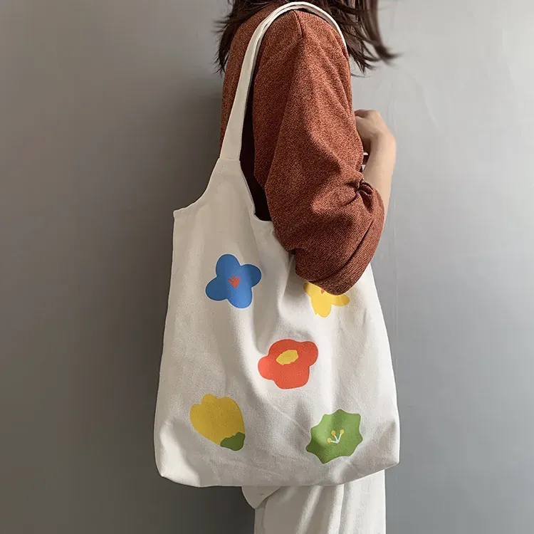 Women Fashion Cartoon Multicolor Floral Print Large Capacity Canvas Tote Bag