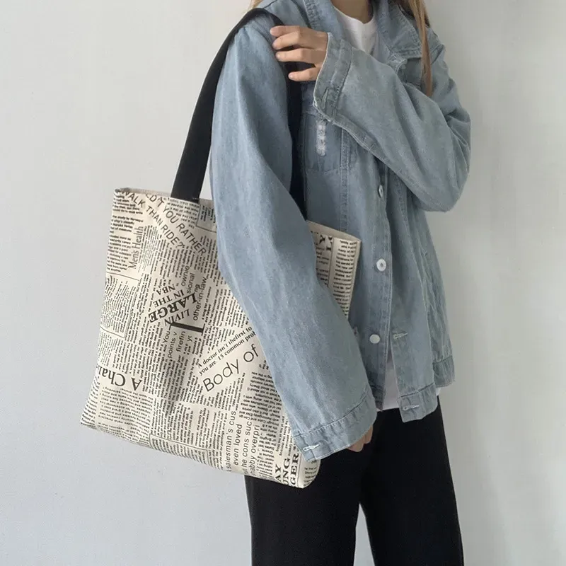 Women Fashion Creative Newspaper Printed Large Capacity Canvas Tote Bag - Image 3