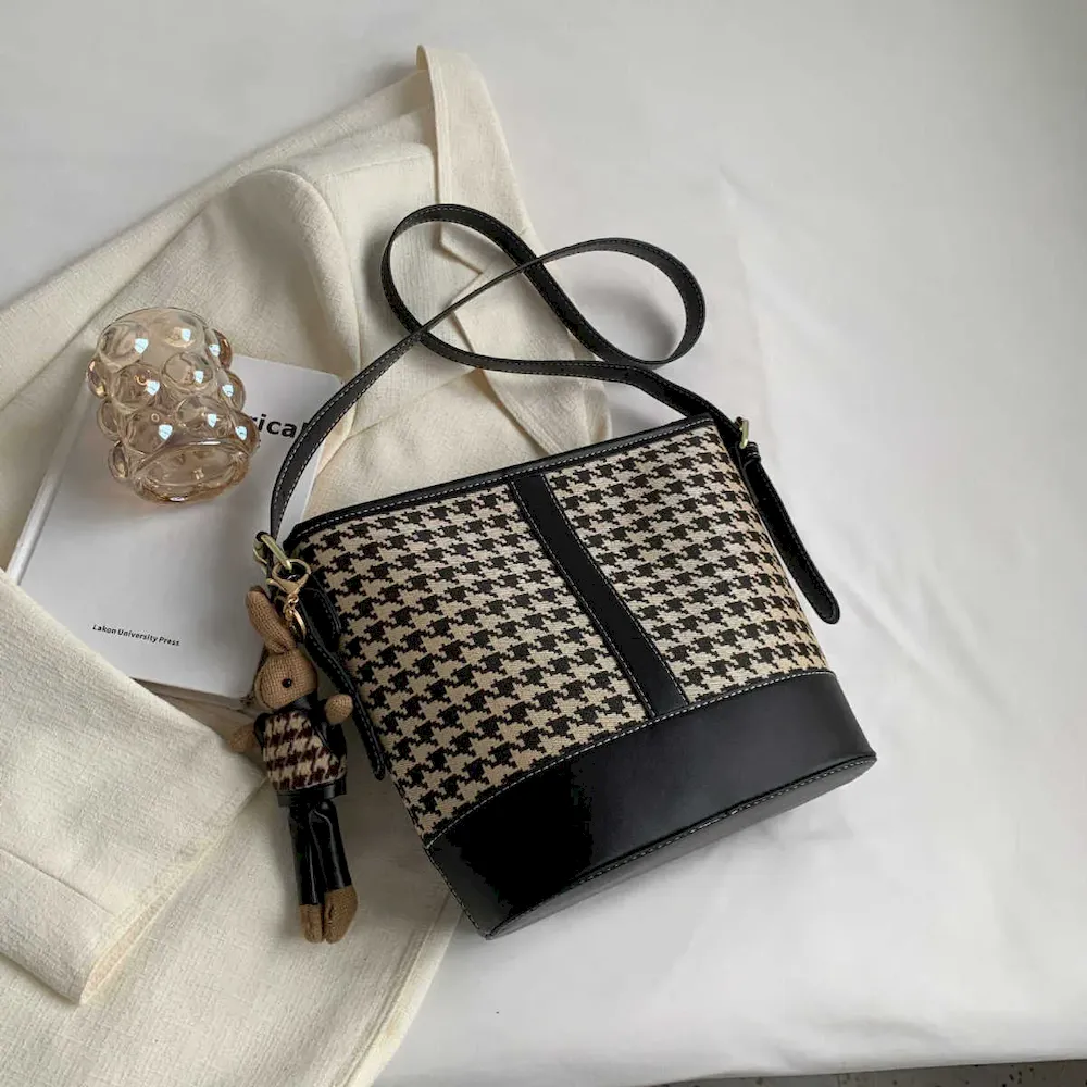 Women Fashion Houndstooth Cartoon Pendant Bucket Shoulder Bag - Image 6