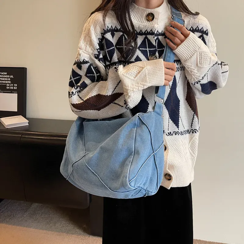 Women Fashionable Simple Large Capacity Denim Shoulder Tote Bag - Image 3
