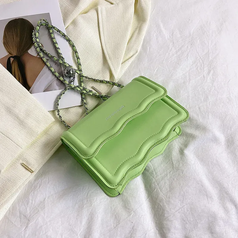 Women Fashionable Simple Solid Color Wave Edge Flap Square Chain Crossbody Bag - Image 8