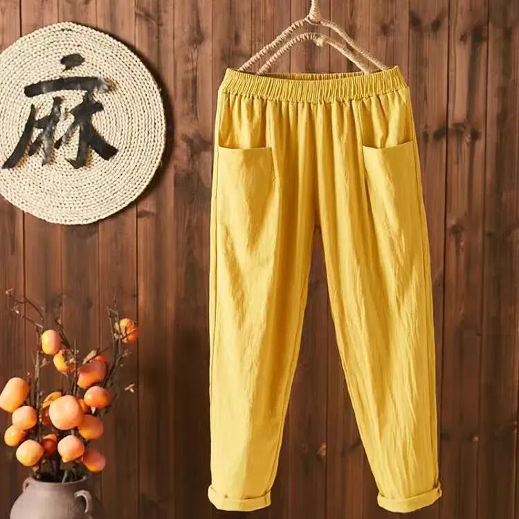 Women Casual Solid Color Cotton Linen Cropped Pants - Image 4