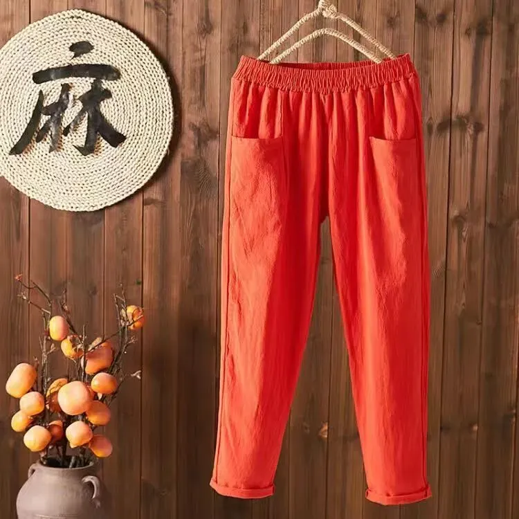Women Casual Solid Color Cotton Linen Cropped Pants - Image 5
