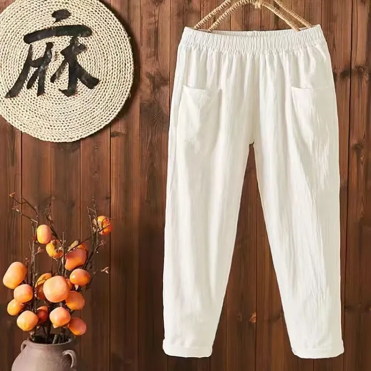 Women Casual Solid Color Cotton Linen Cropped Pants - Image 6