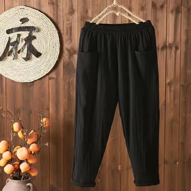 Women Casual Solid Color Cotton Linen Cropped Pants - Image 7