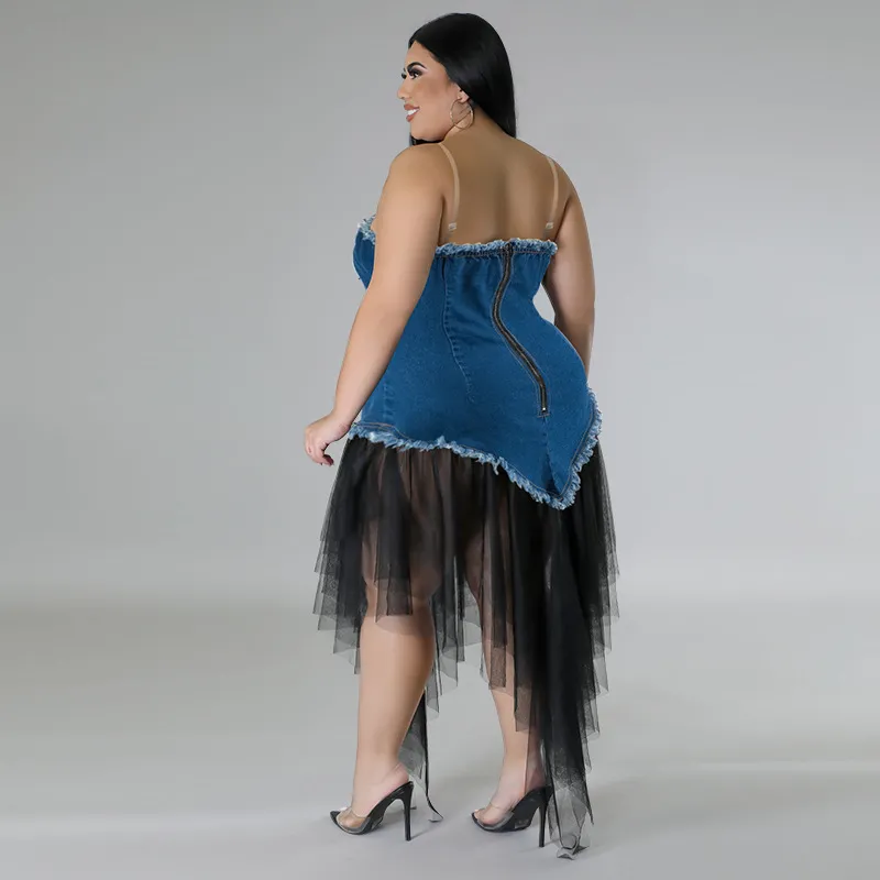 Women Fashion Plus Size Denim Stitching Mesh Sling Dress - Image 3