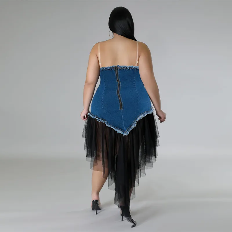 Women Fashion Plus Size Denim Stitching Mesh Sling Dress - Image 4