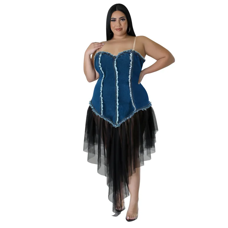 Women Fashion Plus Size Denim Stitching Mesh Sling Dress - Image 5
