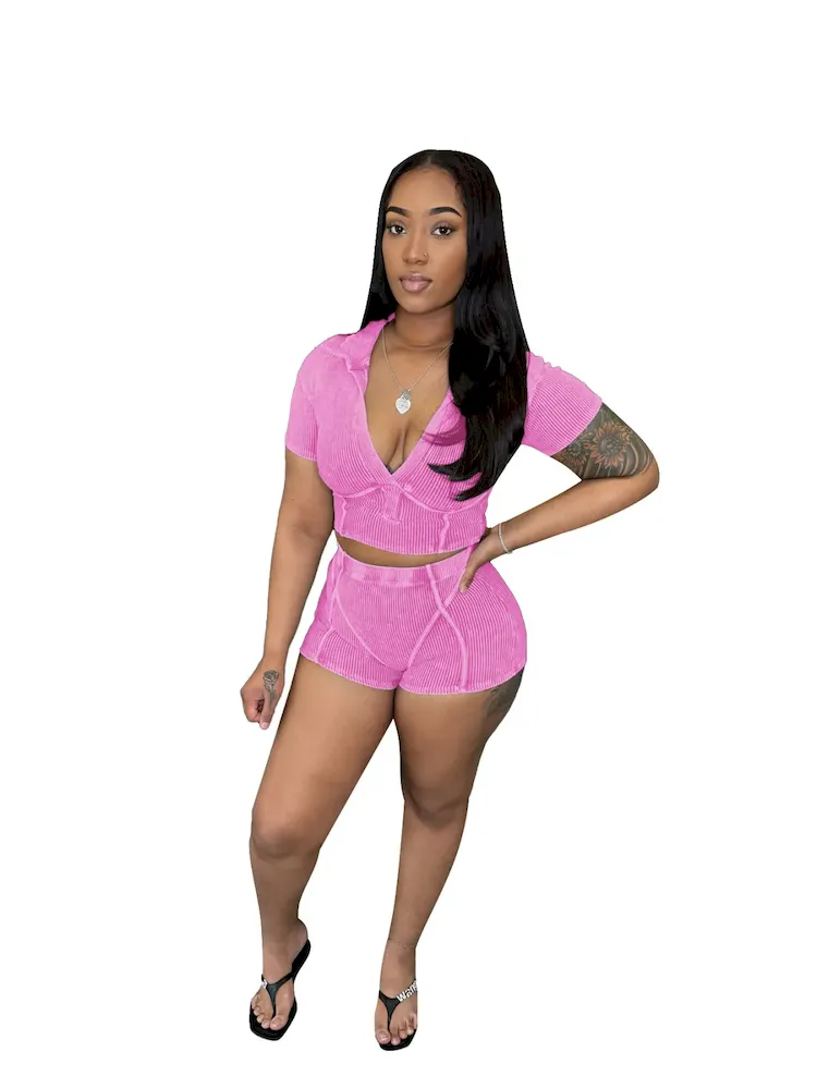 Women Fashion Casual Deep V-Collar Short Sleeve Threaded Top Shorts Two-Piece Set - Image 5