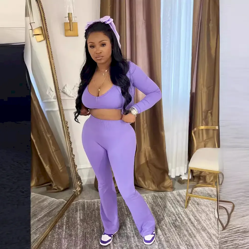 Women Fashion Casual Solid Color Camisole Long Sleeve Cardigan Top Tight Pants Three-Piece Set - Image 3