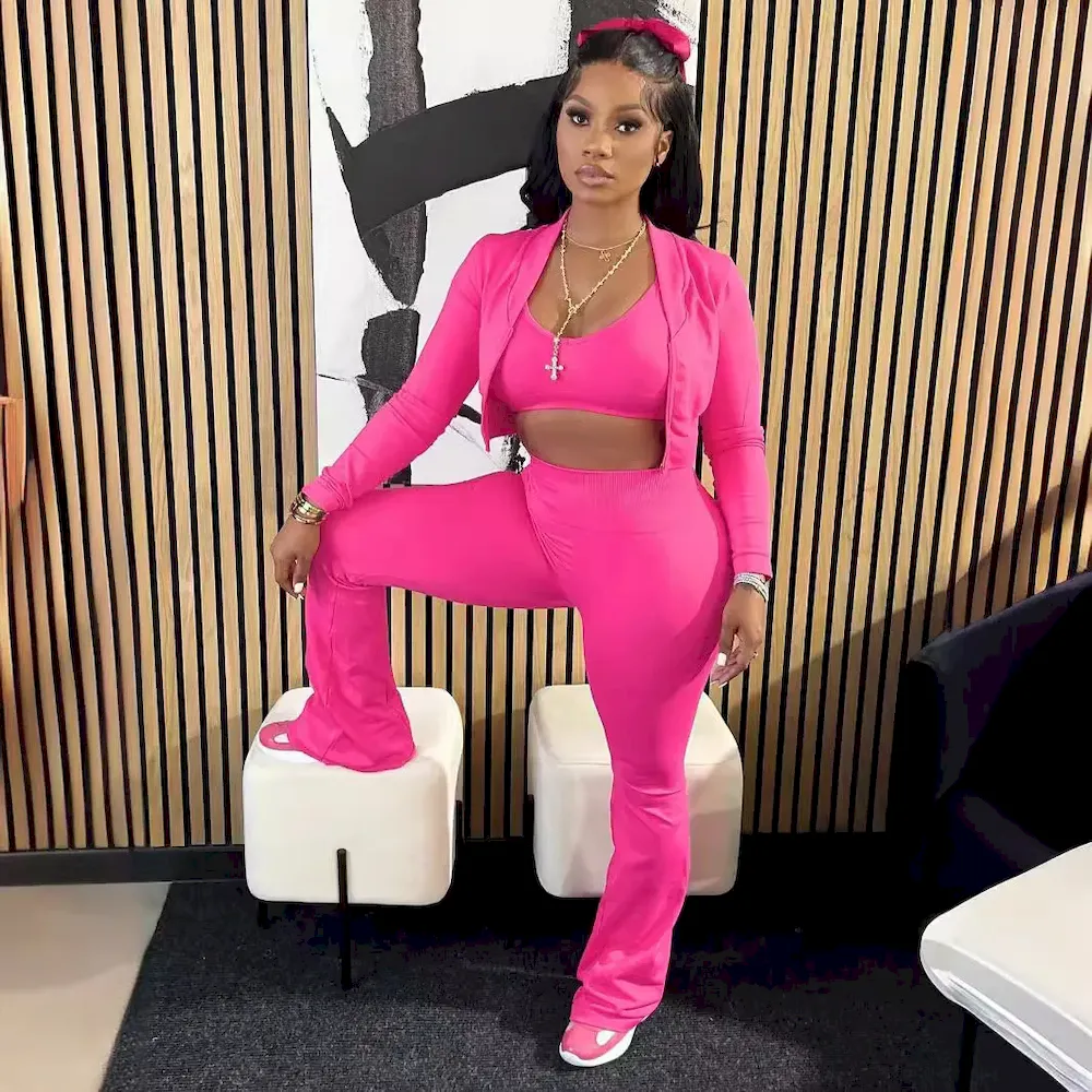 Women Fashion Casual Solid Color Camisole Long Sleeve Cardigan Top Tight Pants Three-Piece Set - Image 4