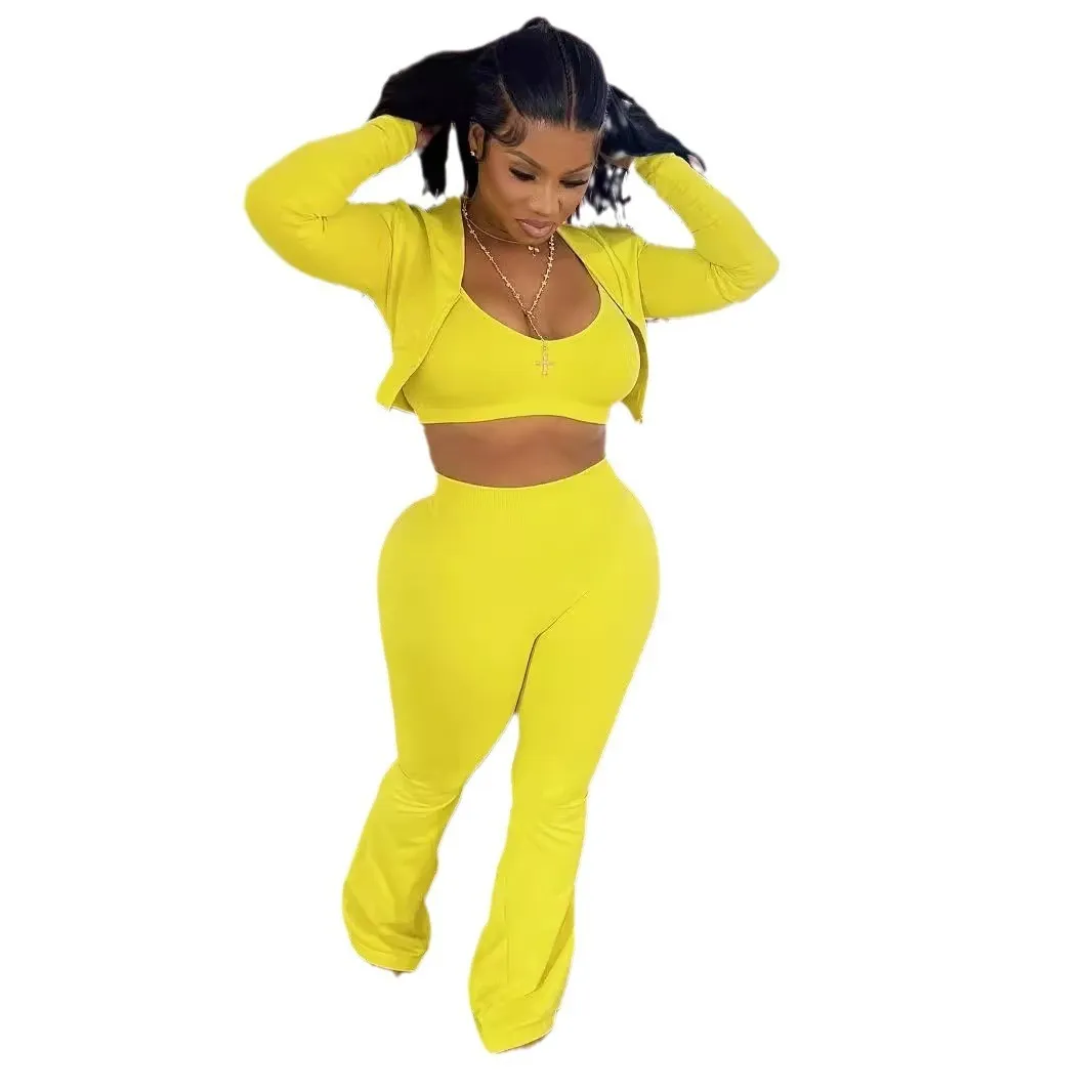 Women Fashion Casual Solid Color Camisole Long Sleeve Cardigan Top Tight Pants Three-Piece Set - Image 5