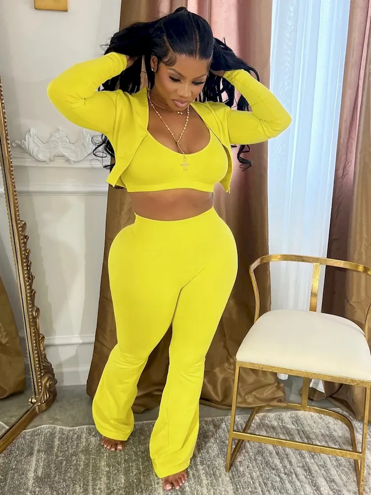 Women Fashion Casual Solid Color Camisole Long Sleeve Cardigan Top Tight Pants Three-Piece Set - Image 8