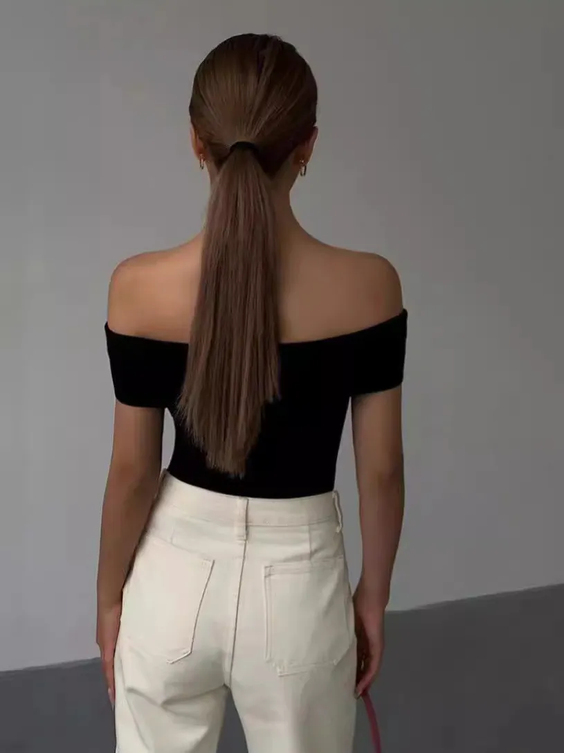 Solid Color Short-Sleeved Summer Women Off Shoulder Crop Top T-Shirt - Image 3