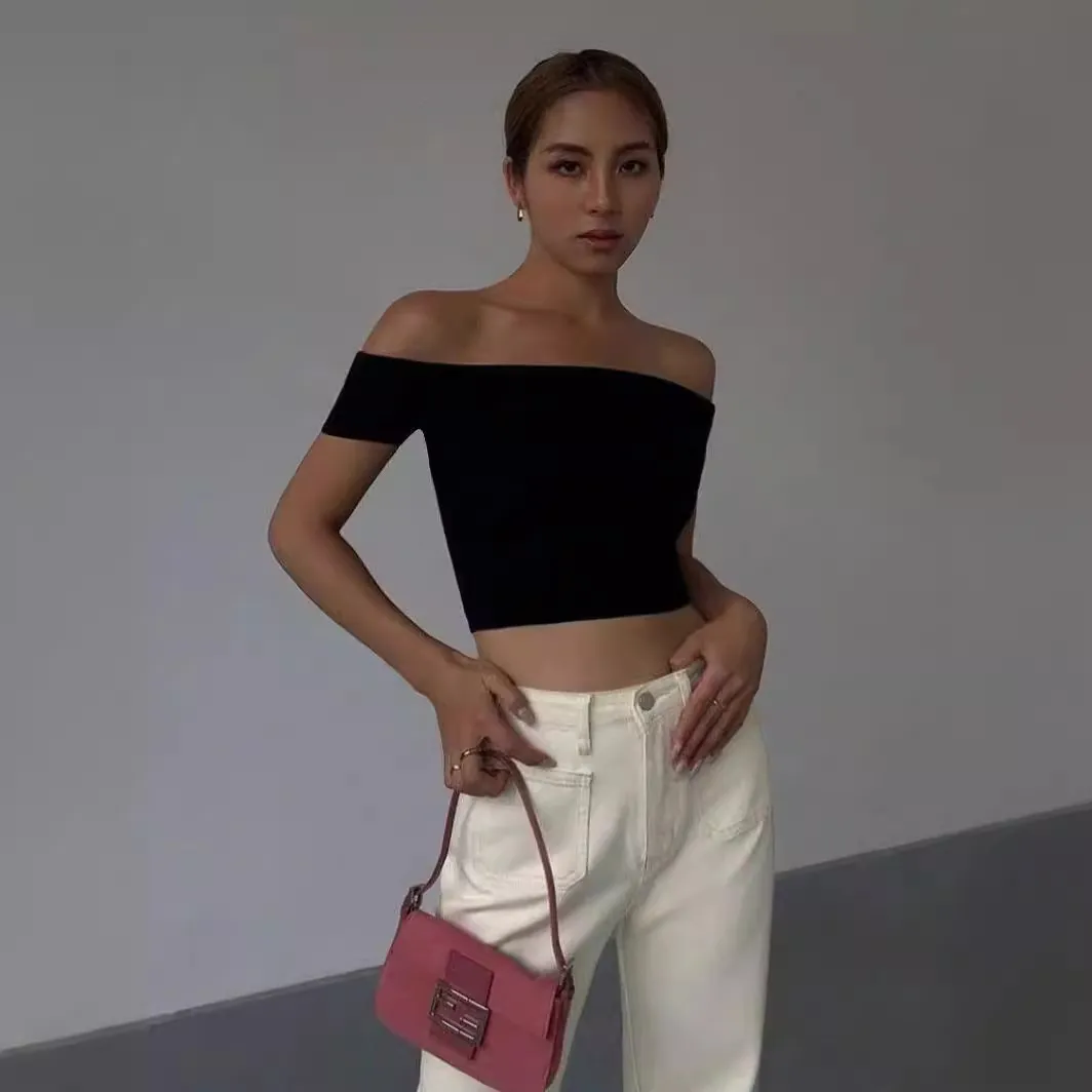 Solid Color Short-Sleeved Summer Women Off Shoulder Crop Top T-Shirt - Image 8
