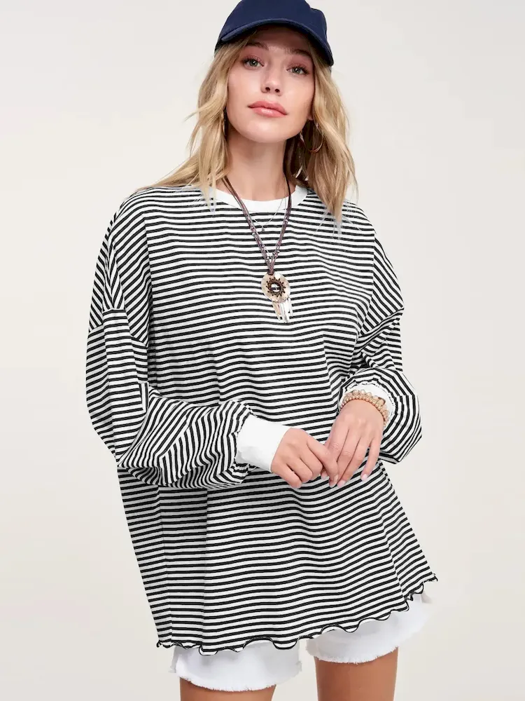 Women Casual Stripe Crewneck Long Sleeve Sweatshirt - Image 3
