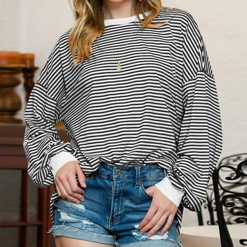Women Casual Stripe Crewneck Long Sleeve Sweatshirt - Image 6