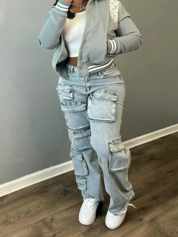 Women Fashion High Waist Stretch Multi-Pocket Denim Cargo Pants - Image 4