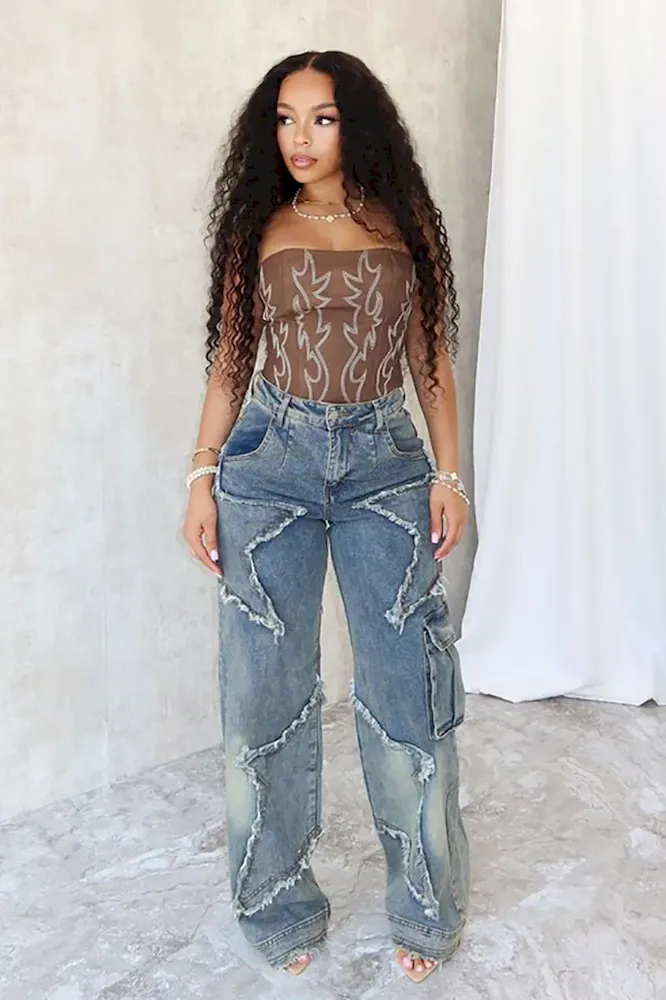 Women Vintage Autumn And Winter Star Tassel Fringe Loose Straight Casual Jeans - Image 6