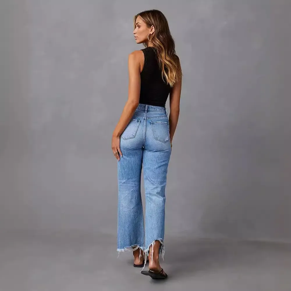 Women Casual Ripped High-Waist Straight Raw Hem Jeans - Image 4