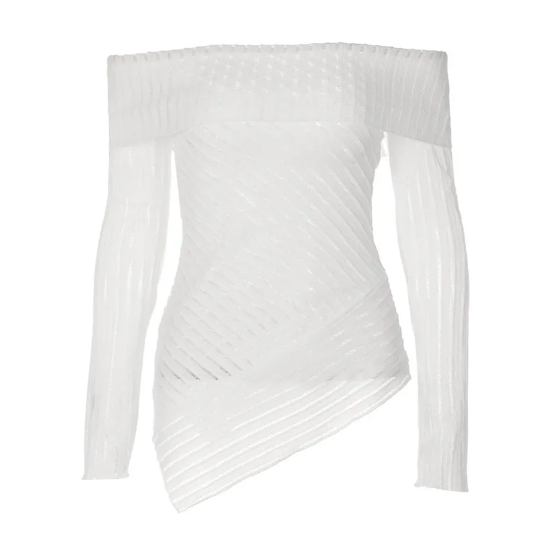 Women Fashion Sexy Off Shoulder Long Sleeve Irregular Top - Image 3