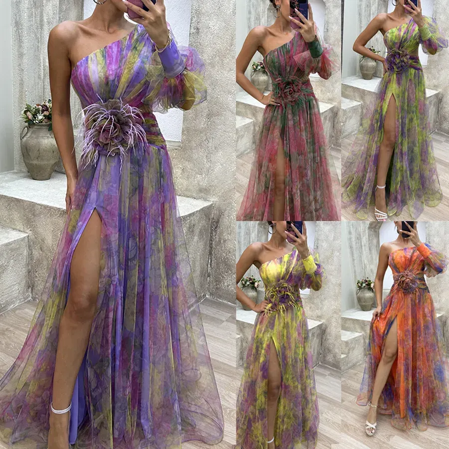 Women Fashion Slant Shoulder Split Mesh Maxi Dress