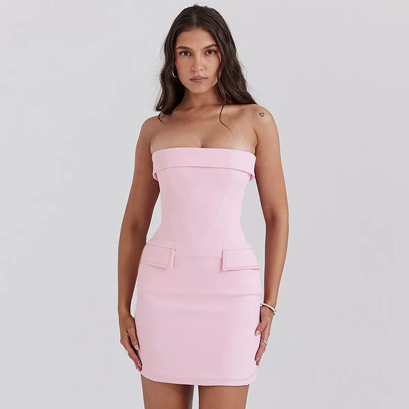 Women Fashion Solid Color Tube Top Bodycon Dress