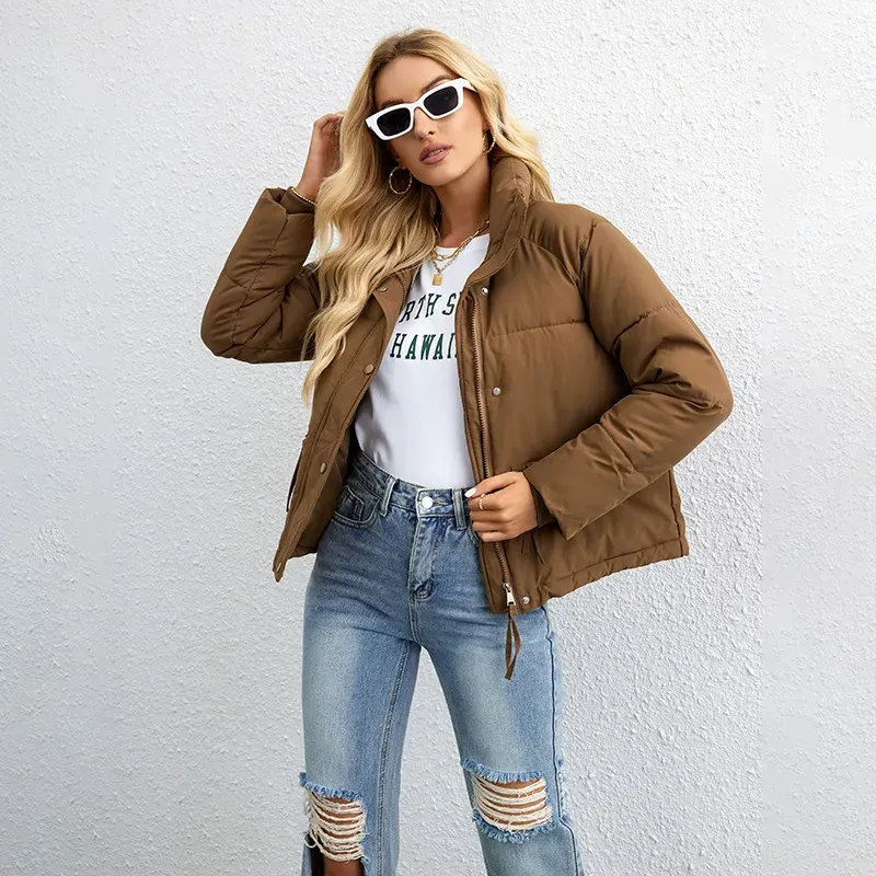 Autumn And Winter Women Fashion Solid Color Stand Collar Zipper Coat