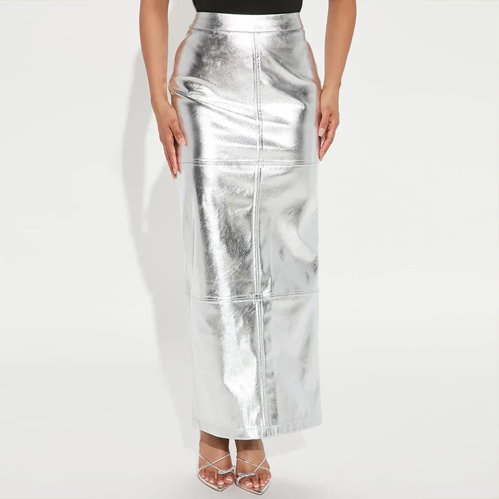 Women Fashion Solid Color Split Faux Leather Skirt - Image 3