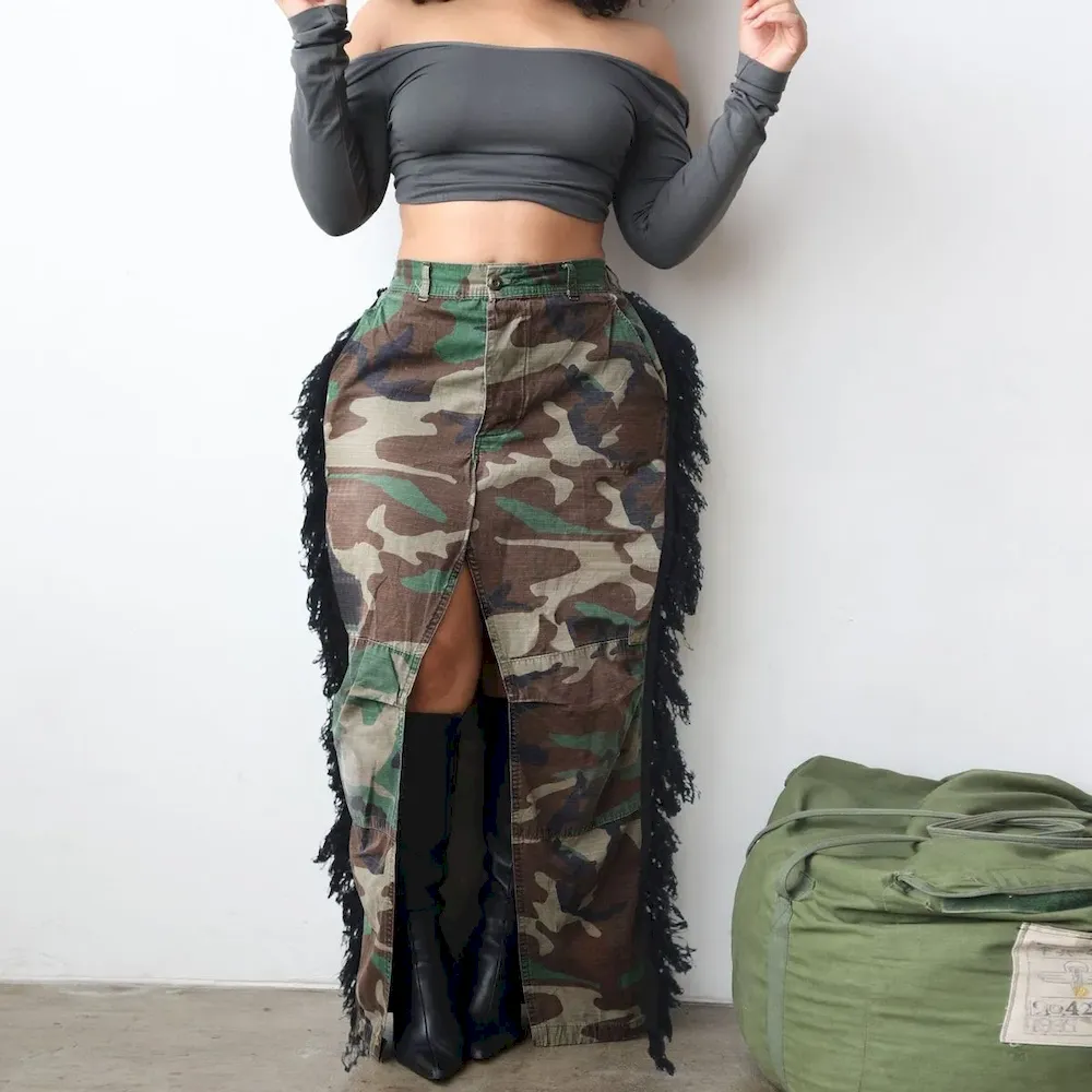 Summer Women Fashion Camouflage Print Tassel High Waist Split Skirt