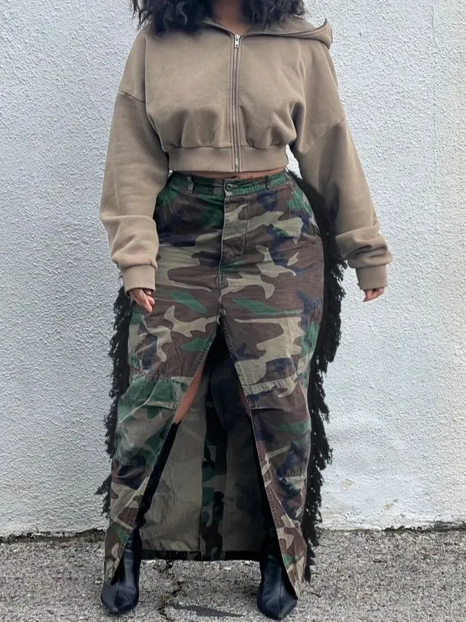 Summer Women Fashion Camouflage Print Tassel High Waist Split Skirt - Image 3