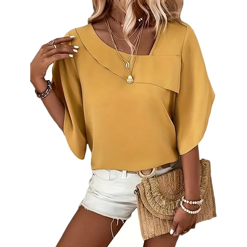 Summer Women Casual Solid Color Asymmetric Collar Shirt Top - Image 4