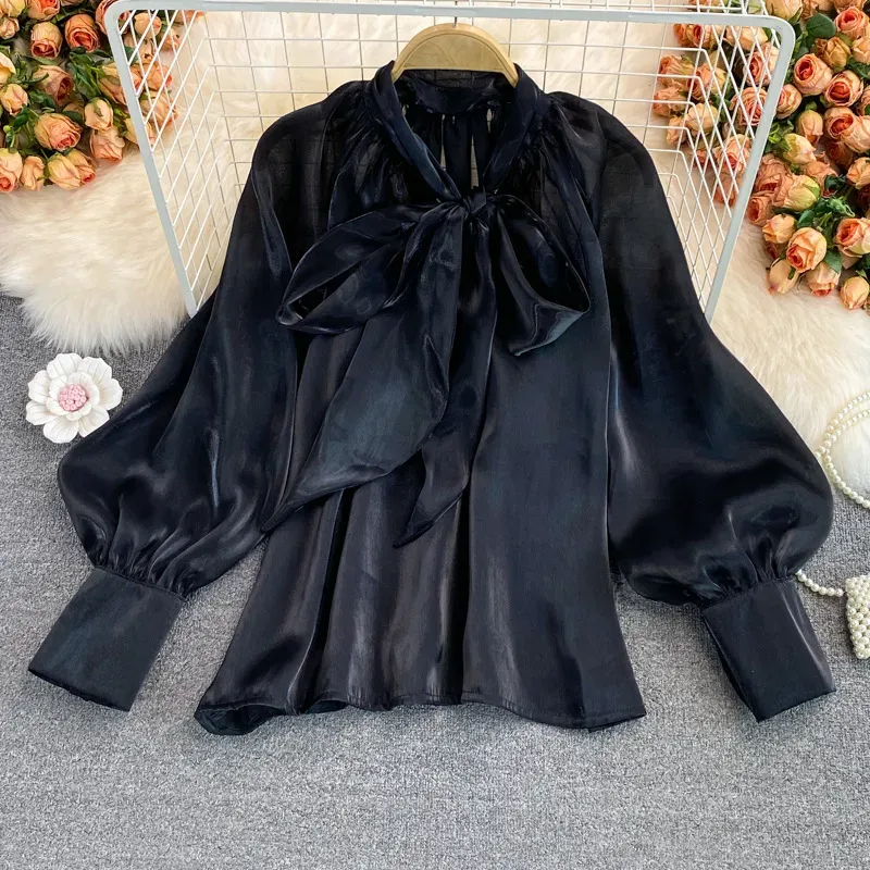 Women Fashion Bow Lace Long Sleeve Organza Shirt - Image 4