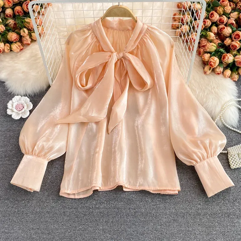Women Fashion Bow Lace Long Sleeve Organza Shirt - Image 5