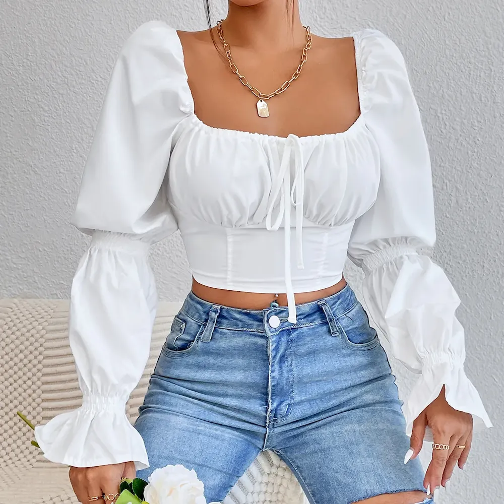 Women Fashion Solid Color Square Collar Lace-Up Long Sleeve Shirt Top