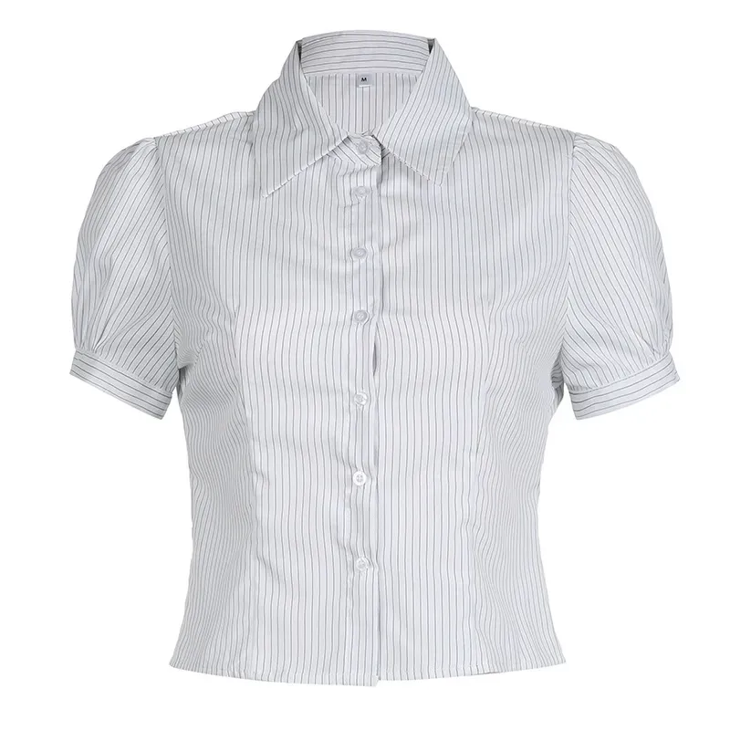 Summer Women Casual Stripe Lapel Short Sleeve Shirt - Image 3