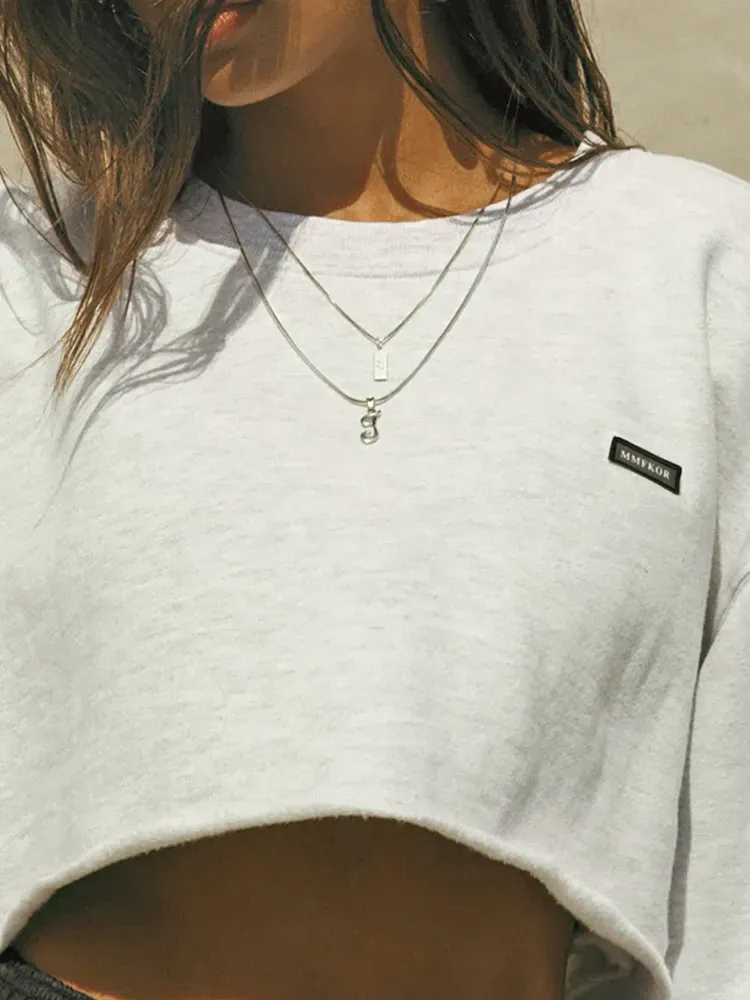 Women Fashion Casual Solid Color Round Neck Long Sleeve Crop Sweatshirt - Image 3