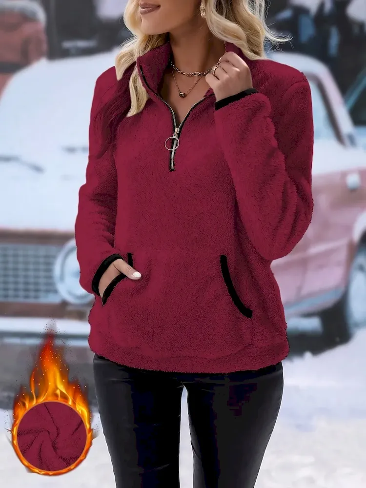 Autumn Winter Women Fashion Solid Color Plush Half Zip Long Sleeve Sweatshirt - Image 9