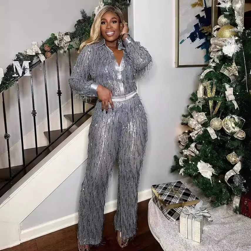 Women Fashion Sexy Tassel Sequins See-Through Shirt Long Sleeve Pants Two-Piece Set