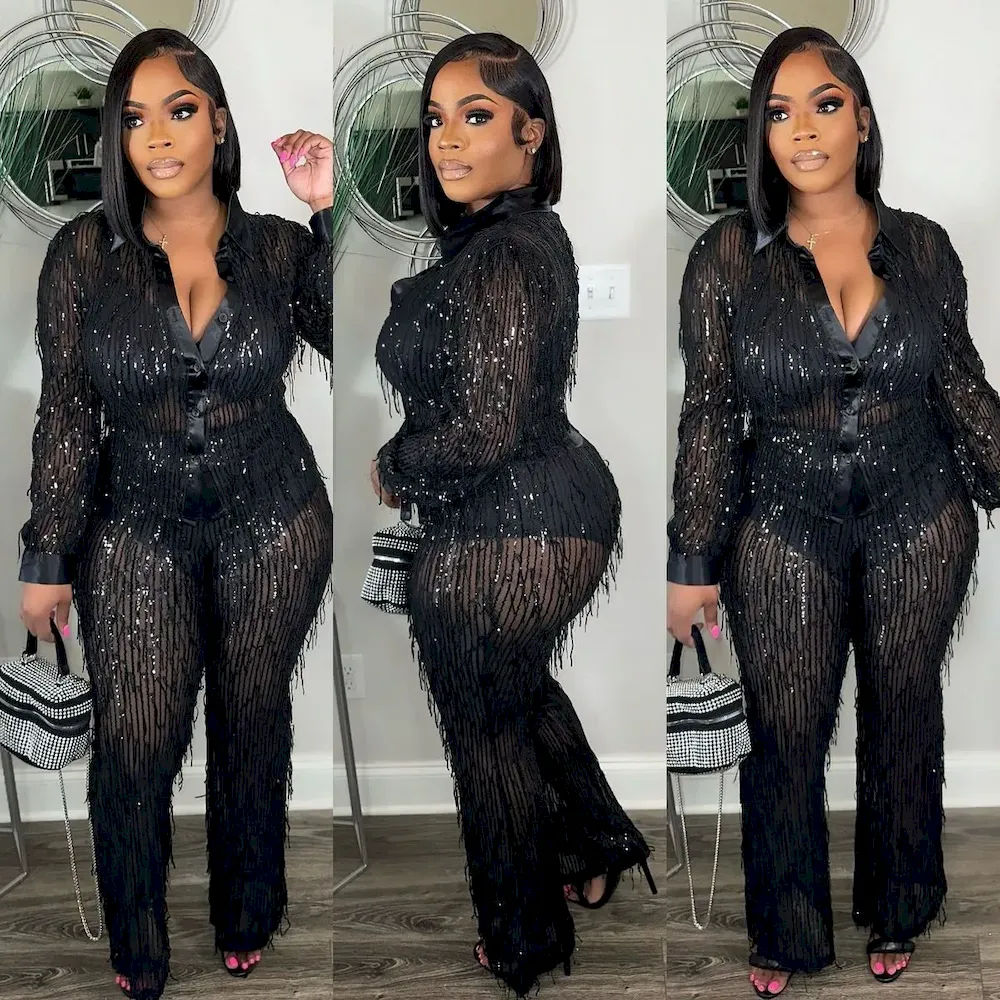 Women Fashion Sexy Tassel Sequins See-Through Shirt Long Sleeve Pants Two-Piece Set - Image 3