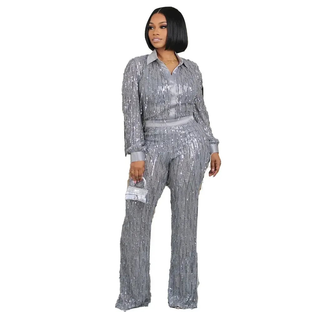 Women Fashion Sexy Tassel Sequins See-Through Shirt Long Sleeve Pants Two-Piece Set - Image 5