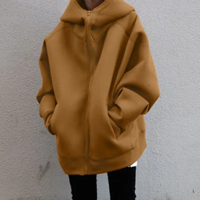 Autumn Winter Women Fashion Loose Fleece-Lined Zipper Long Sleeve Hoodie Jacket