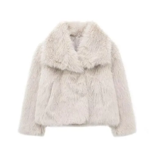 Autumn Winter Women Fashion Solid Color Lapel Plush Faux Fur Long Sleeve Jacket - Image 3
