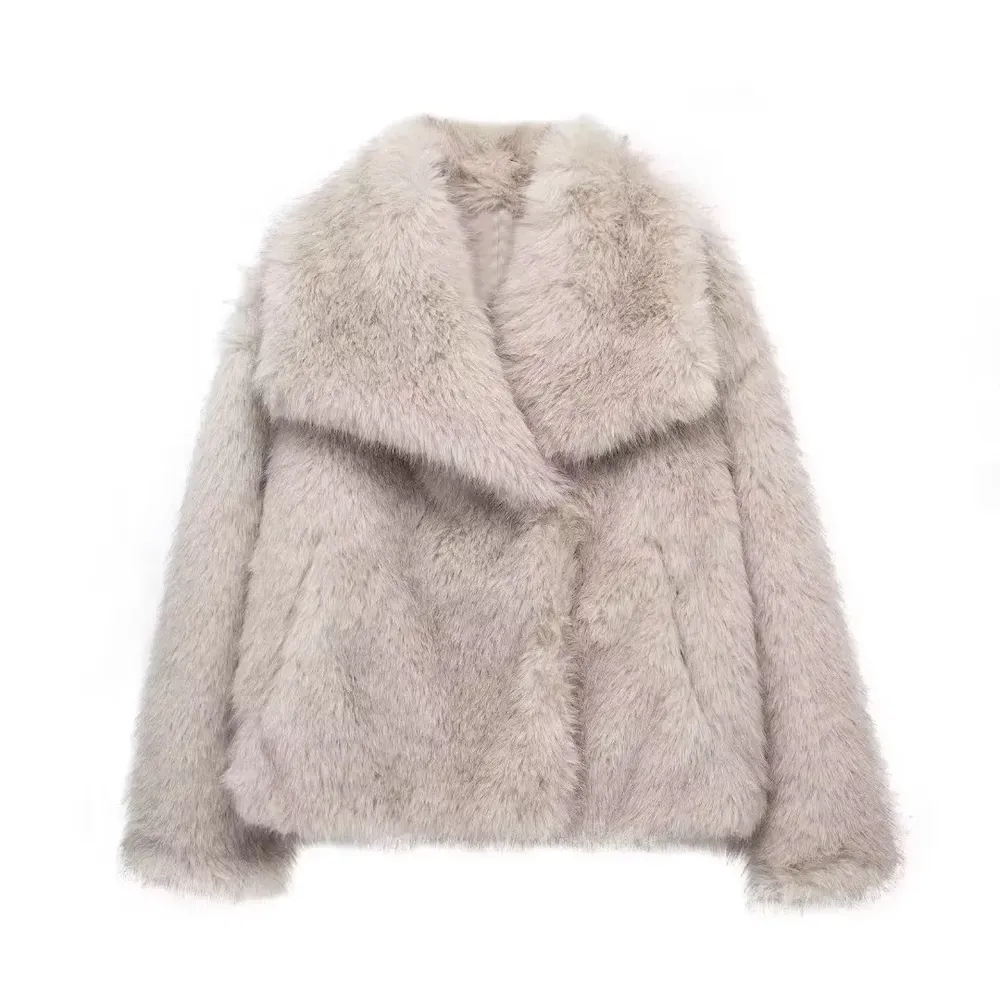 Autumn Winter Women Fashion Solid Color Lapel Plush Faux Fur Long Sleeve Jacket - Image 4