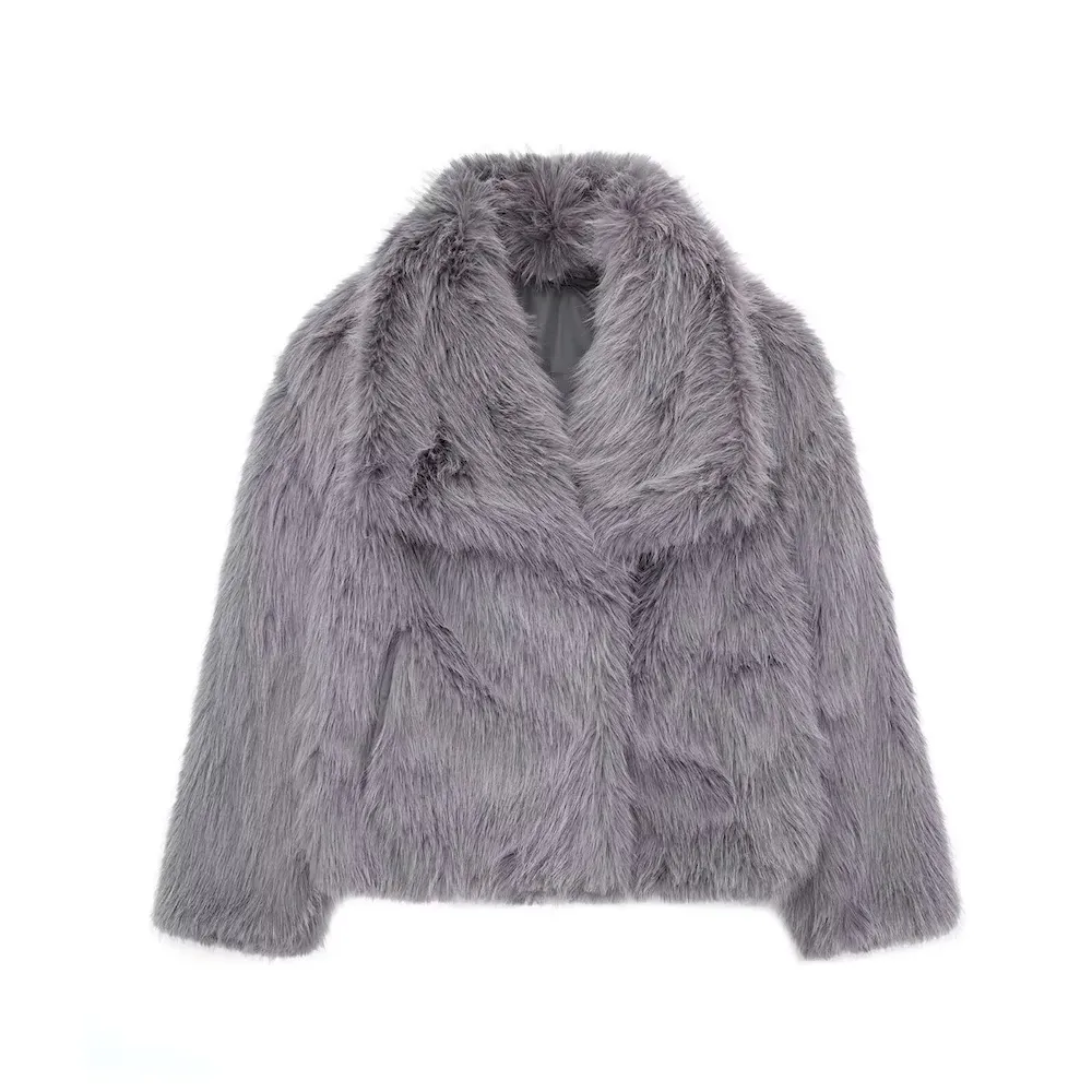 Autumn Winter Women Fashion Solid Color Lapel Plush Faux Fur Long Sleeve Jacket - Image 5