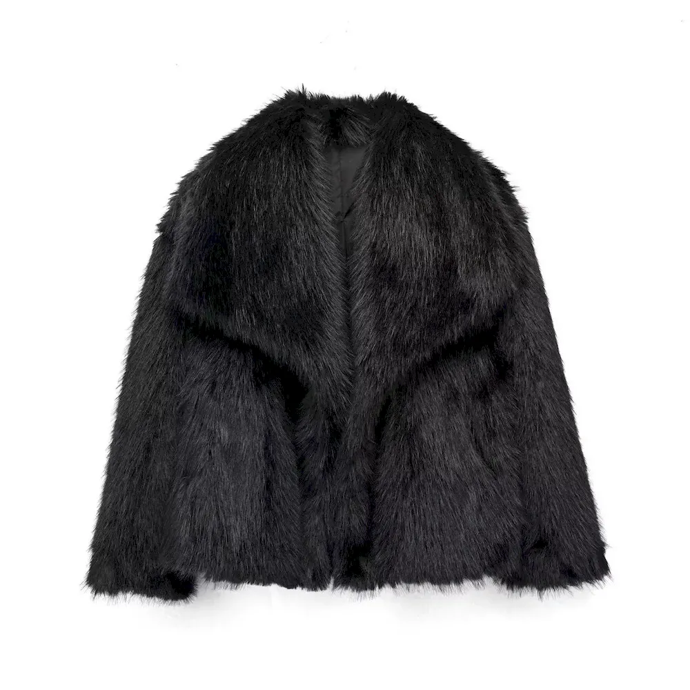 Autumn Winter Women Fashion Solid Color Lapel Plush Faux Fur Long Sleeve Jacket - Image 6